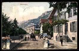AK Meiringen, Straßenpartie mit Kutsche und Passanten