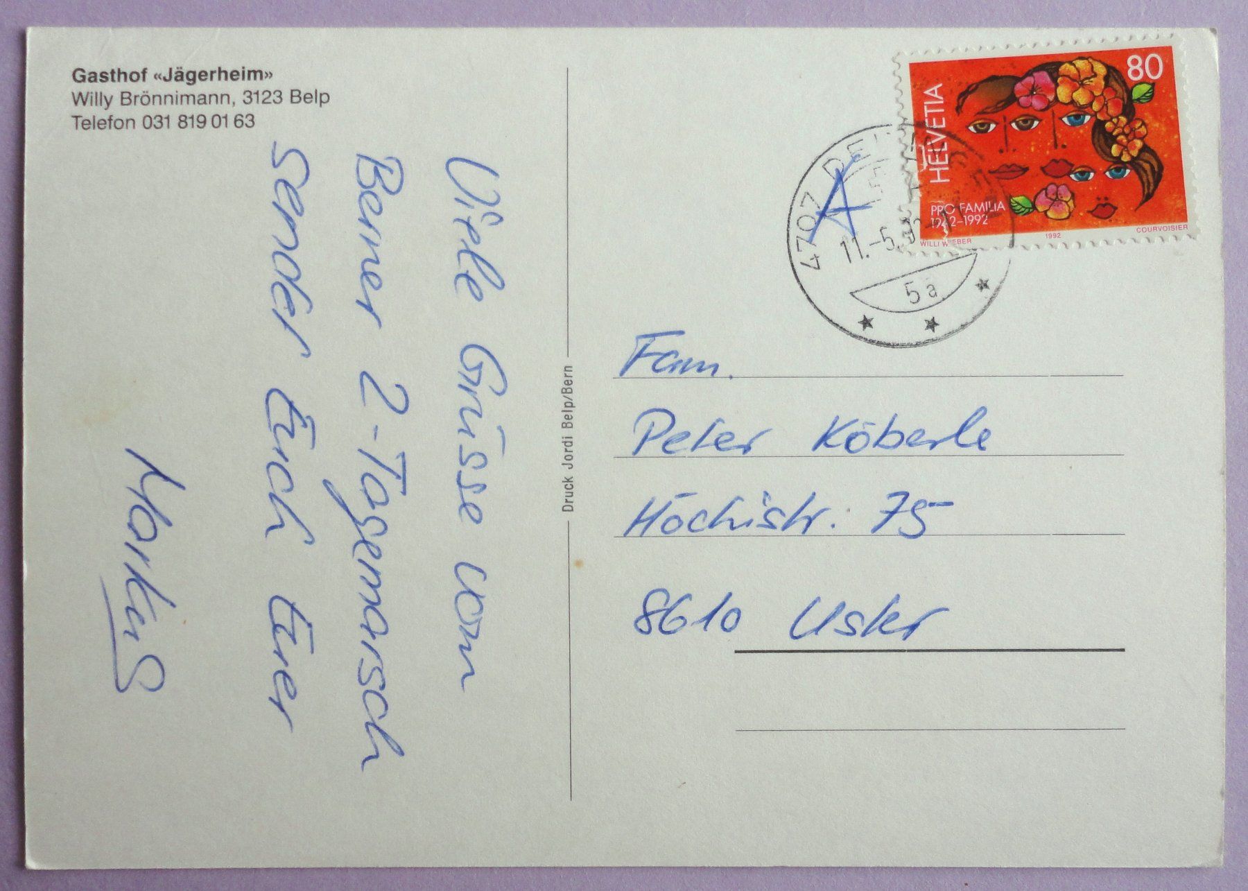 Cartoline postali: Gasthof "Jägerheim", Belp – Usato da Fétigny venduto da Billy2miny 1