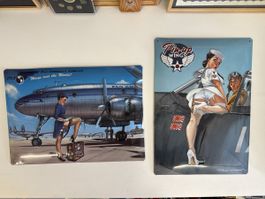Retro Blechschilder Pin-up Girls Flugzeuge Pan Am 2er Set-Ne