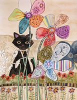 Original Aquarell schwarzes Kätzchen hinter Blumen Katze