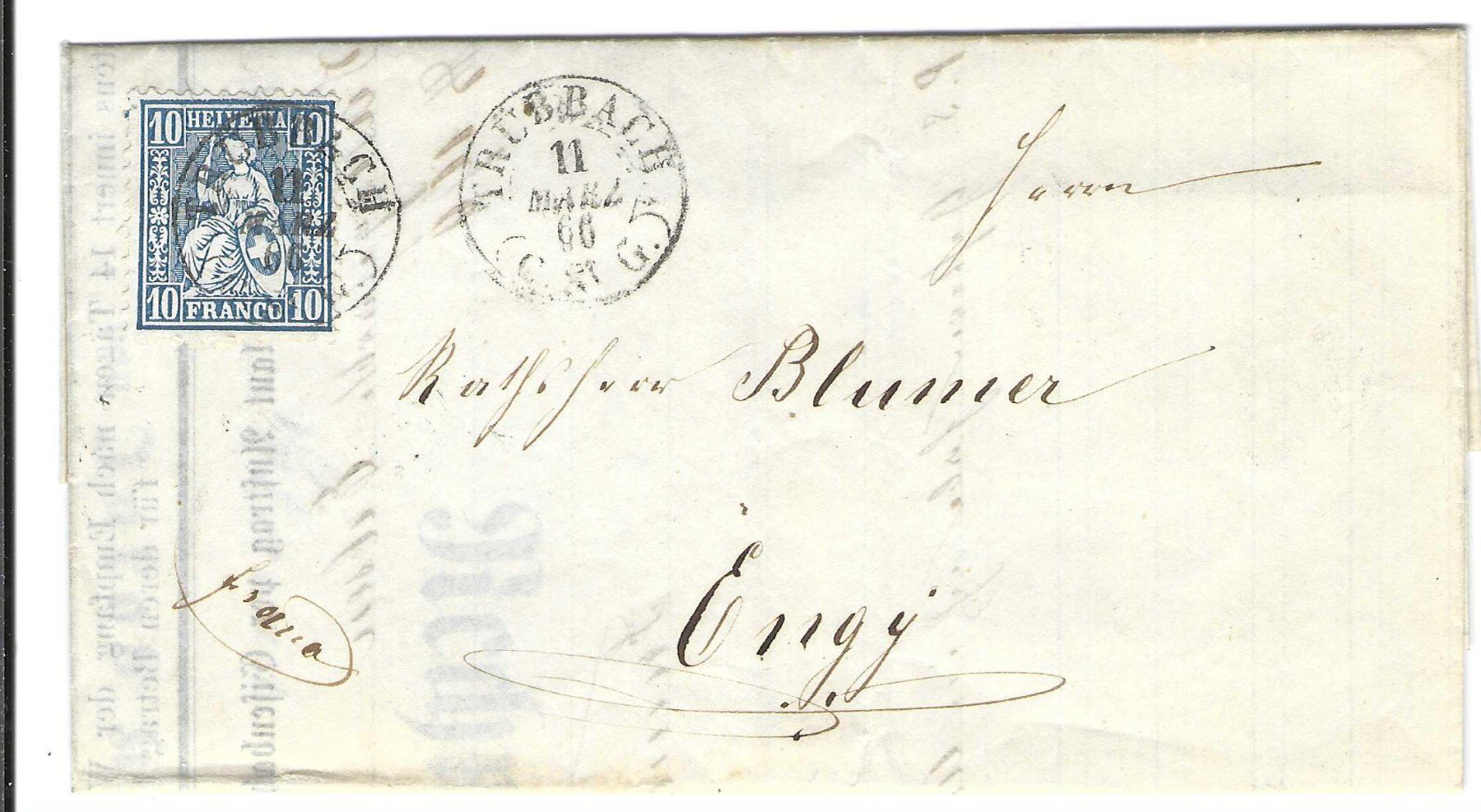 Tous les timbres: Faltbrief Trübbach - Engi GL 1866 – D'occasion à Wildhaus par Brunphil