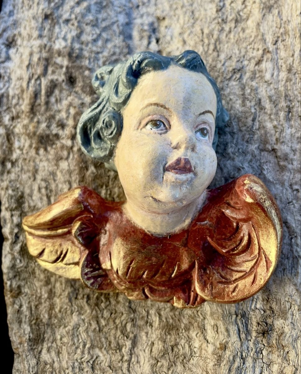 Statuette: Engelkopf mit goldfarbenen Flügel. – Nuovo e nell'imballaggio originale da Zürich venduto da Maler-Atelier