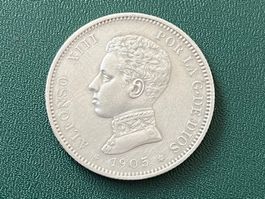 Spanien 2 Pesetas Silber Münze Alfonso XIII 1905