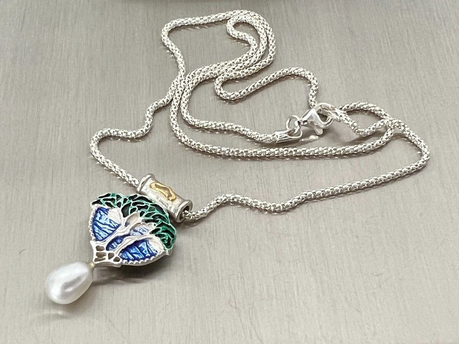 Ketten: Jugendstil w- schönes Collier Silber 925 Email echte Perle – Neu (gemäss Beschreibung) aus Basel von ivoli
