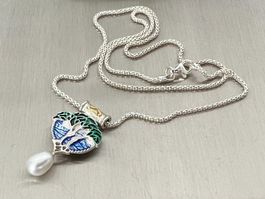 Jugendstil w- schönes Collier Silber 925 Email echte Perle