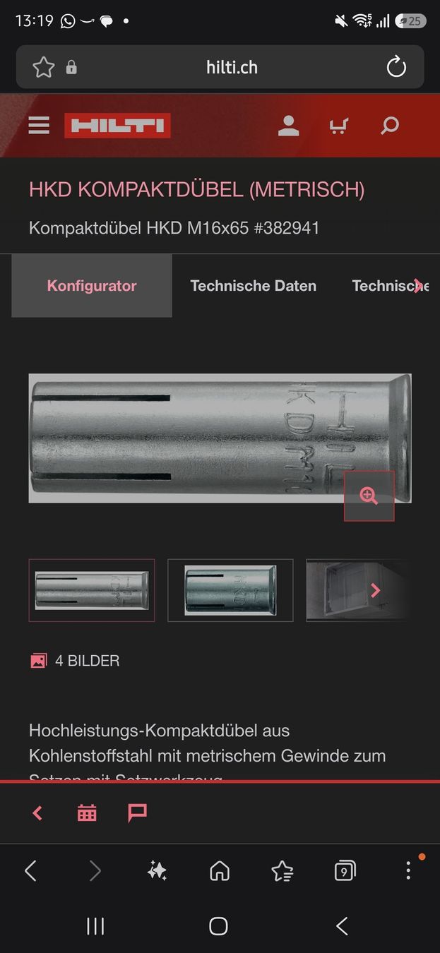 Hilti Tutti gli attrezzi: Hilti HKD-E M16x65 kompaktdübel metrisch – Nuovo (secondo la descrizione) da Unterengstringen venduto da ste_gxy6