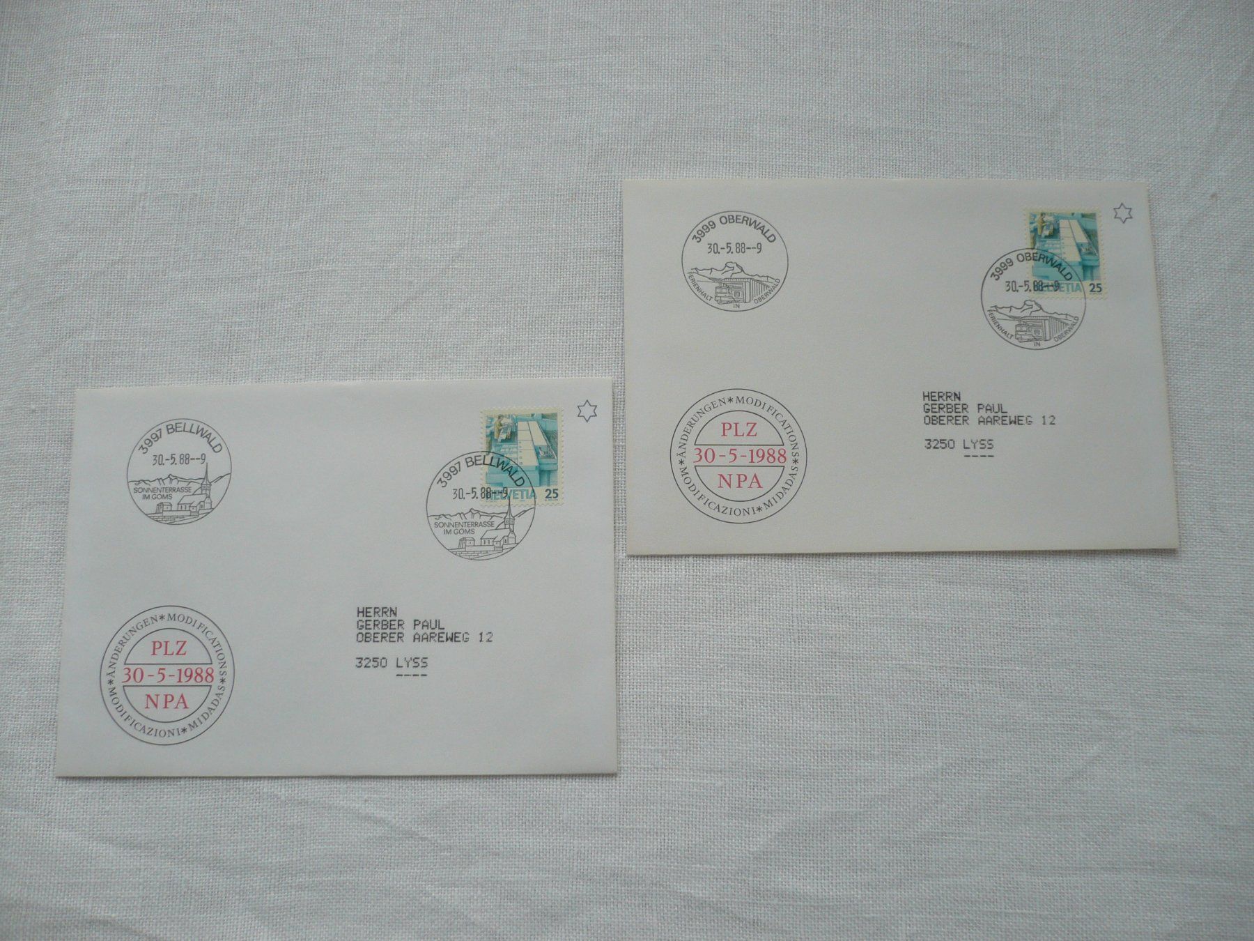 Tutti i francobolli: Werbedatumstempel - ET 3997 Bellwald / 3999 Oberwald – Usato da Zürich venduto da saltandpepper008