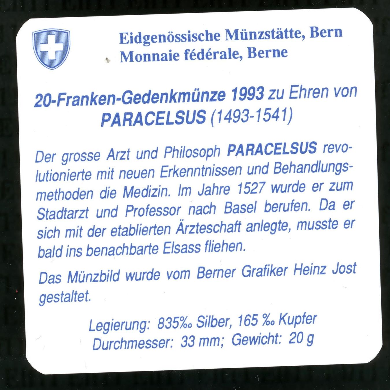 Tutti le monete: CHF__20.00 1993 Paracelsus PP 20 Franken – Nuovo e nell'imballaggio originale da Widnau venduto da Elf11 2