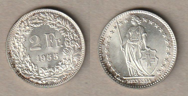 Toutes les monnaies: 2 Franken 1955, unzirkuliert – D'occasion à Allschwil par Coinfreak
