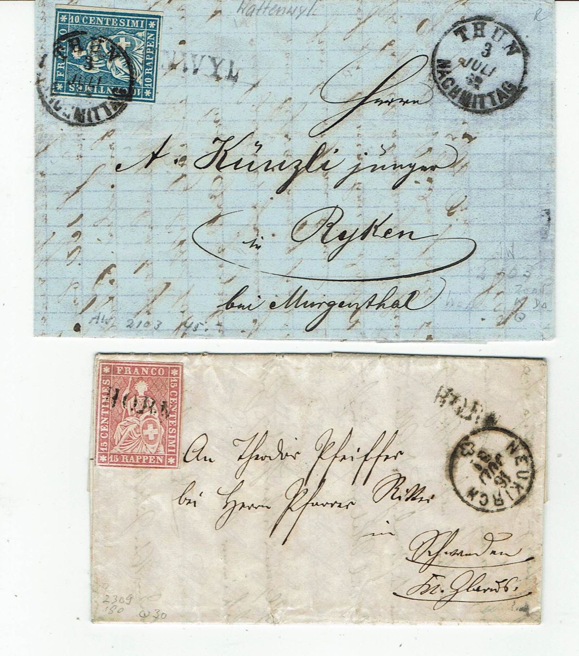 Tutti i francobolli: STRUBEL <526> 2 'G'-BRIEFE 10+15RP(23+24B) MIT STAB – Usato da Rüschlikon venduto da Sualk1