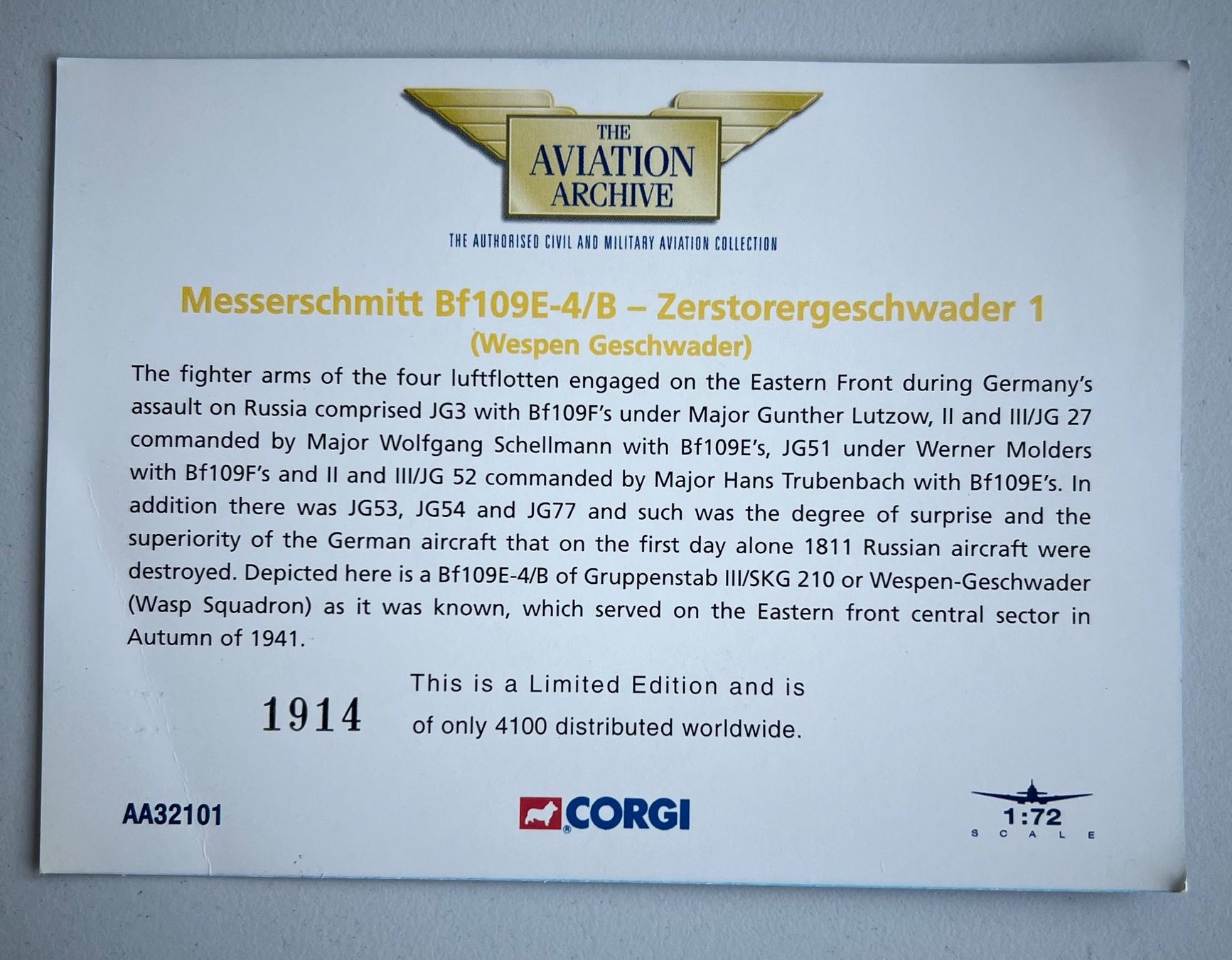 Corgi Toys Modellbausätze & Standmodelle: Corgi AA32101 Messerschmitt Bf 109E-4/B Zerstörergeschwader – Neu und originalverpackt aus Laufen von ric_9vmm 3
