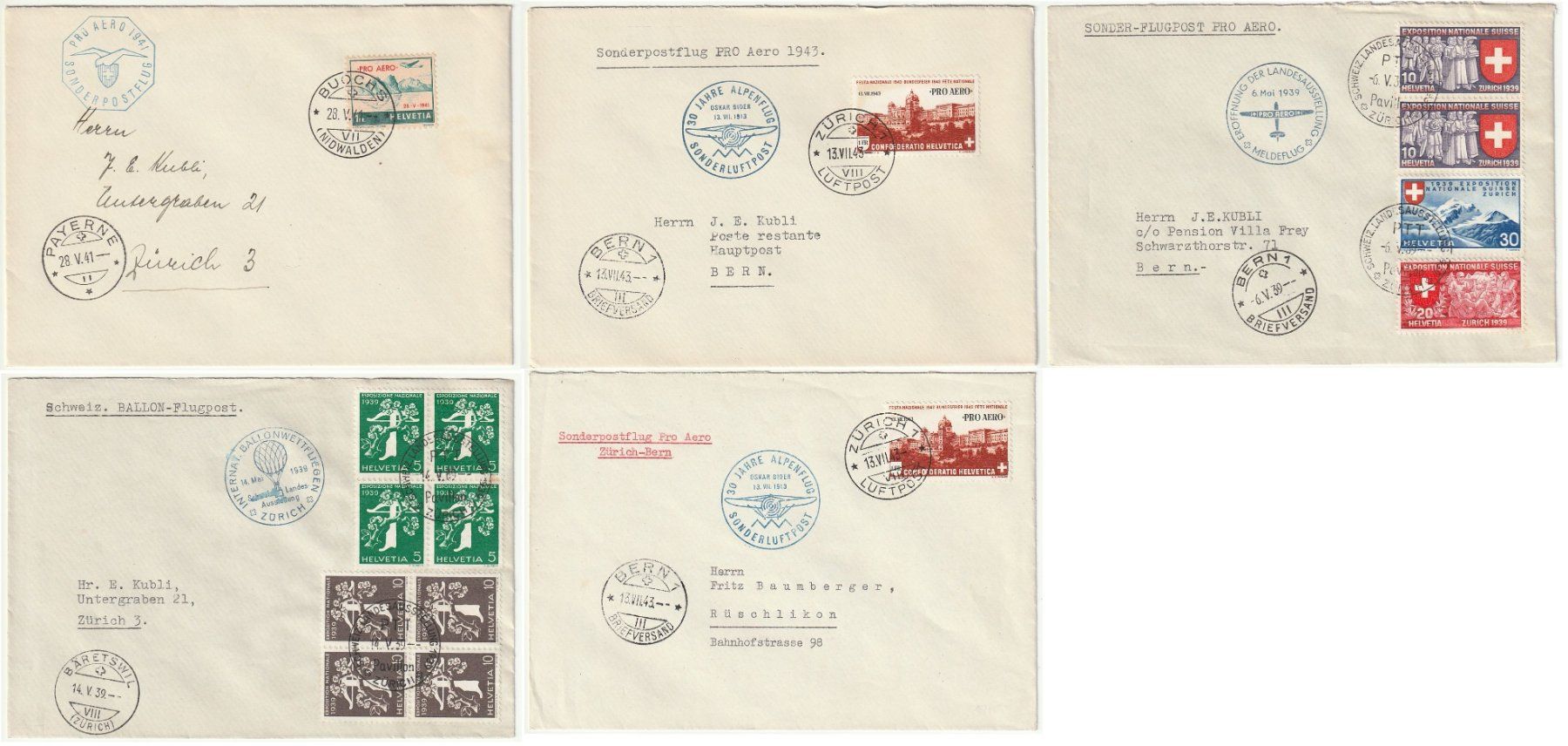 Alle Briefmarken: Lot 5 Flugbriefe Pro Aero / Bedarf – Gebraucht aus Fislisbach von Zigzag12
