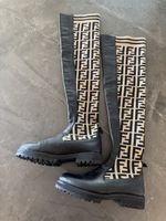 Fendi Stiefel Leder/Stoff FF-Muster Schwarz/Beige Grösse 38