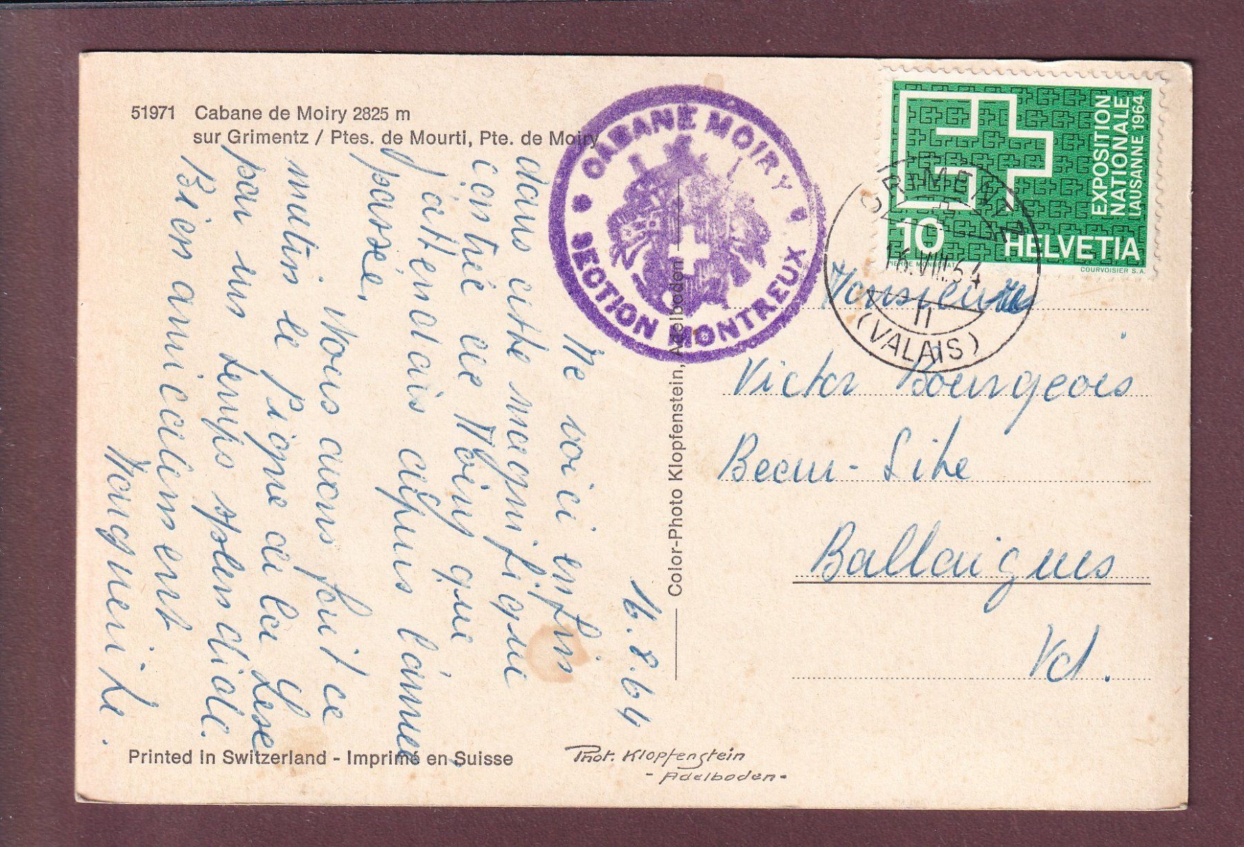 Ansichtskarten: Cabane et Glacier de MOIRY - 1964 – Gebraucht aus Pully von nicecards 1