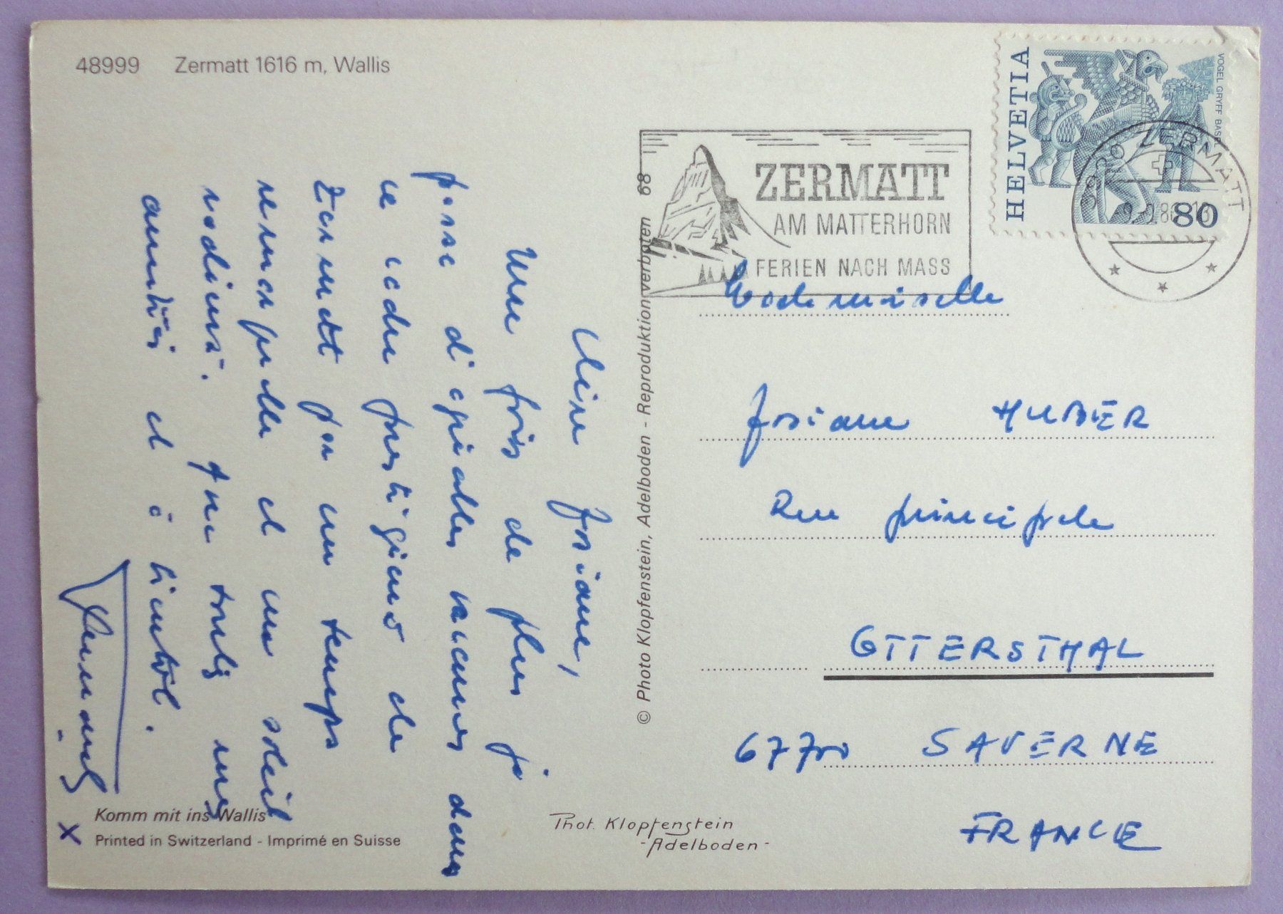 Cartoline postali: Zermatt 1616 m, Wallis – Usato da Fétigny venduto da Billy2miny 1