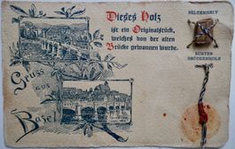 Postkarte Gruss aus Basel mit echtem Holz der abgebr. Brücke