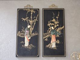 Paire de tableaux anciens asiatiques vintage, chine china