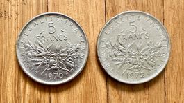 2 Französische 5 Francs Münzen - 1970, 1972