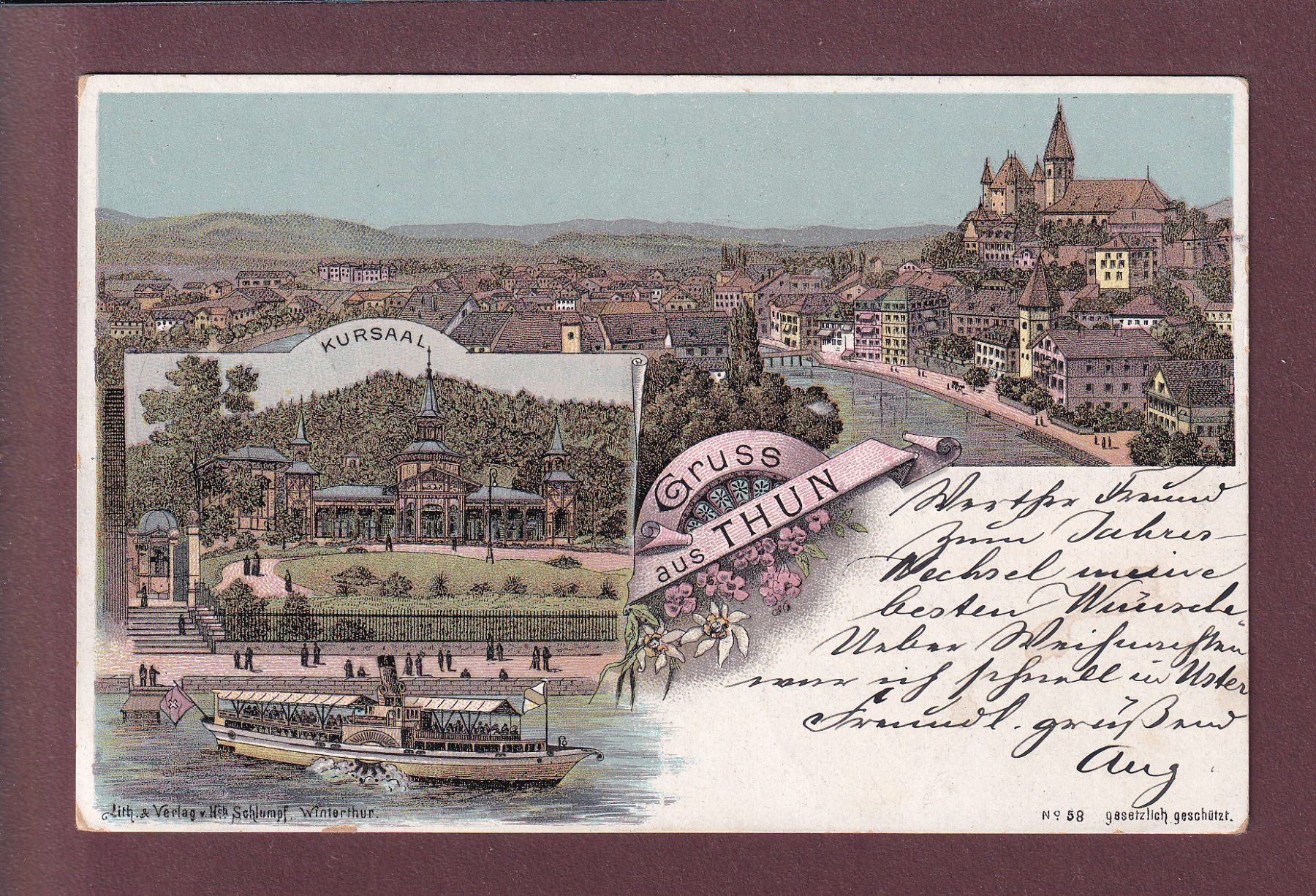 Cartoline postali: Gruss aus THUN - 1898 Litho Schlumpf – Usato da Pully venduto da nicecards