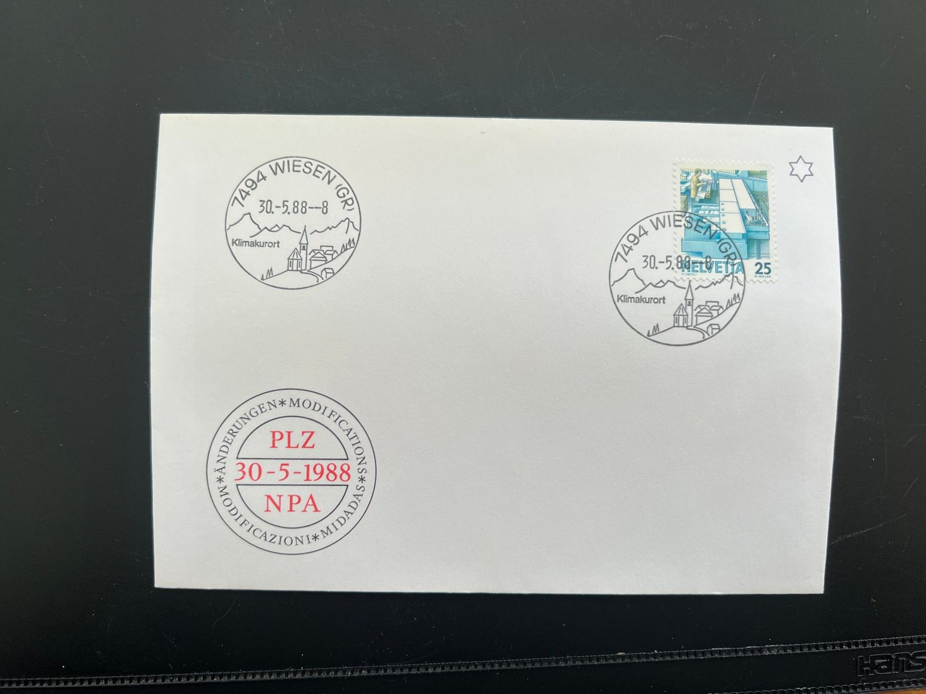 Tutti i francobolli: Wiesen GR Erstagbrief-Werbe-Stempel  (M887) – Usato da Hinwil venduto da Sidi4