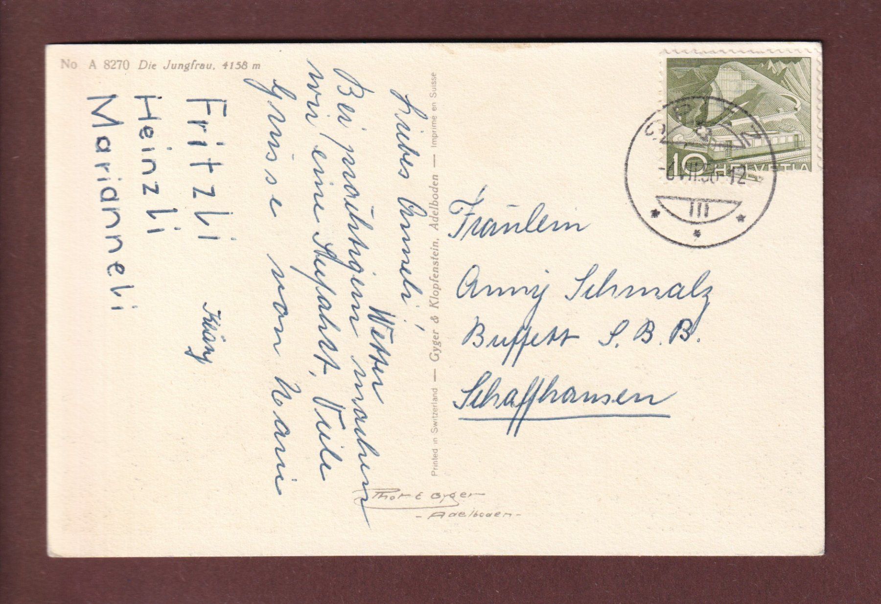 Cartoline postali: JUNGFRAU - 1956 – Usato da Pully venduto da nicecards 1