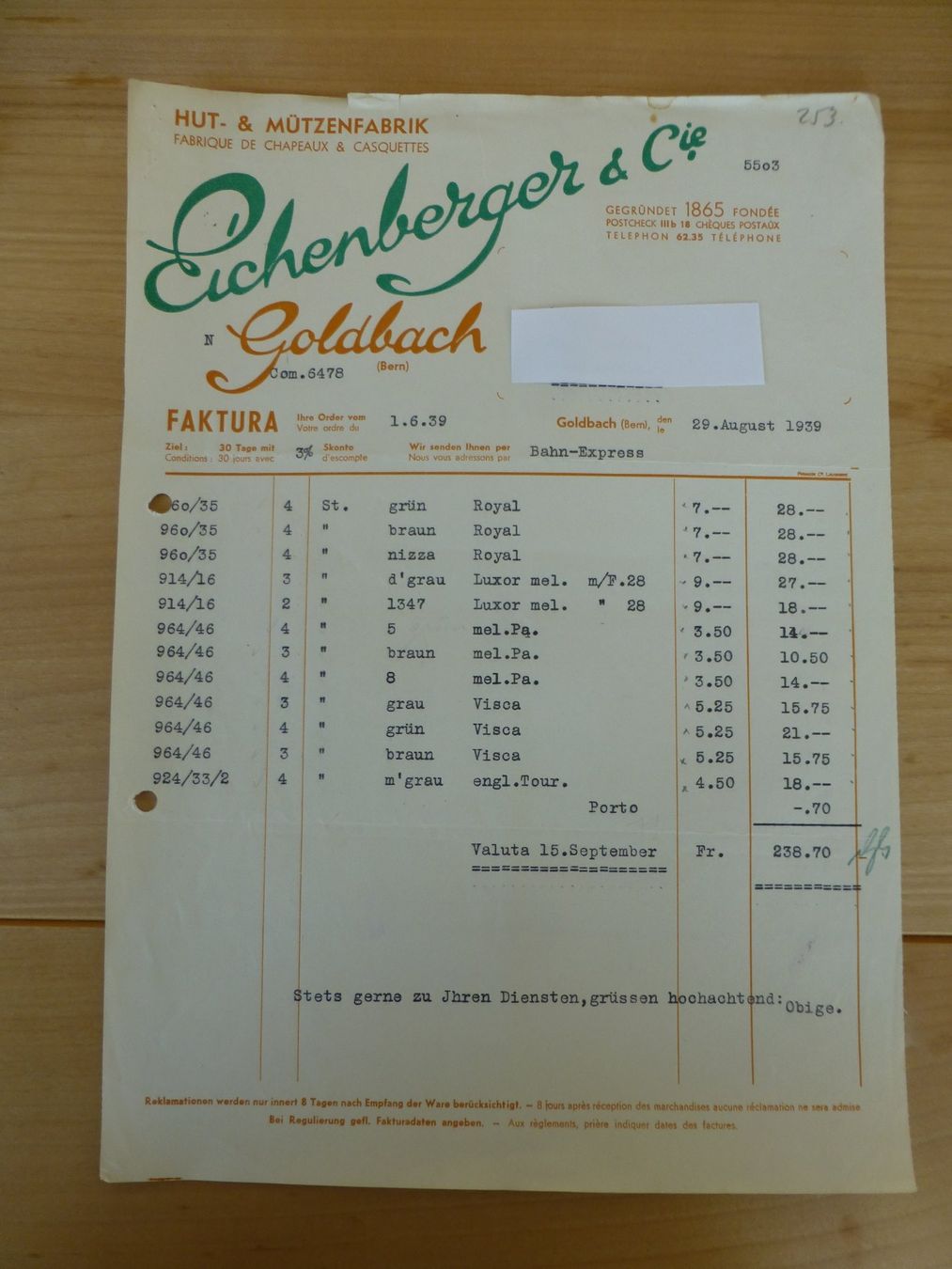 Foto & Immagini: Goldbach/ Bern Eichenberger & Cie Hutfabrik 1939 – Usato da Bettlach venduto da 1saurer