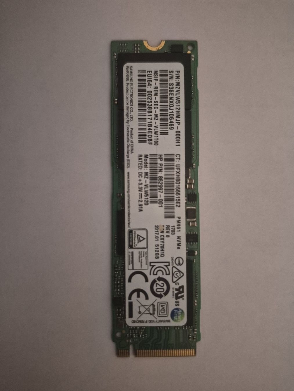 SSD Samsung PM961 512 Go M.2 NVMe PCIe Gen3 (MZVLW512HMJP) (Gebraucht ...