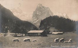 Rosenlaui (BE) Alpenlandschaft mit Hütten und weidenden