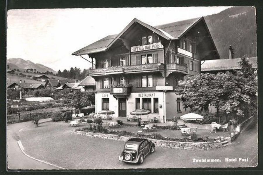Cartoline postali: Zweisimmen, Hotel Post, Oldtimer, gelaufen 1955 – Usato da Frauenfeld venduto da POML