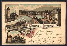 Litho Luzern, Orstansicht, Rathaus, Br