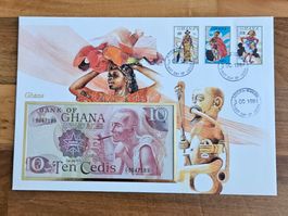 Notenbrief Bankfrische 10-Cedis-Banknote aus Ghana