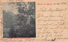 Gruss aus Baden, Schartenfels von Kurpromenade, gel. 1901