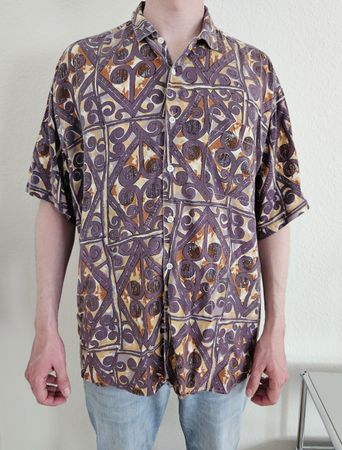 Vintage 90s Dad Shirt in Violett, 100% Viskose, Gr. L