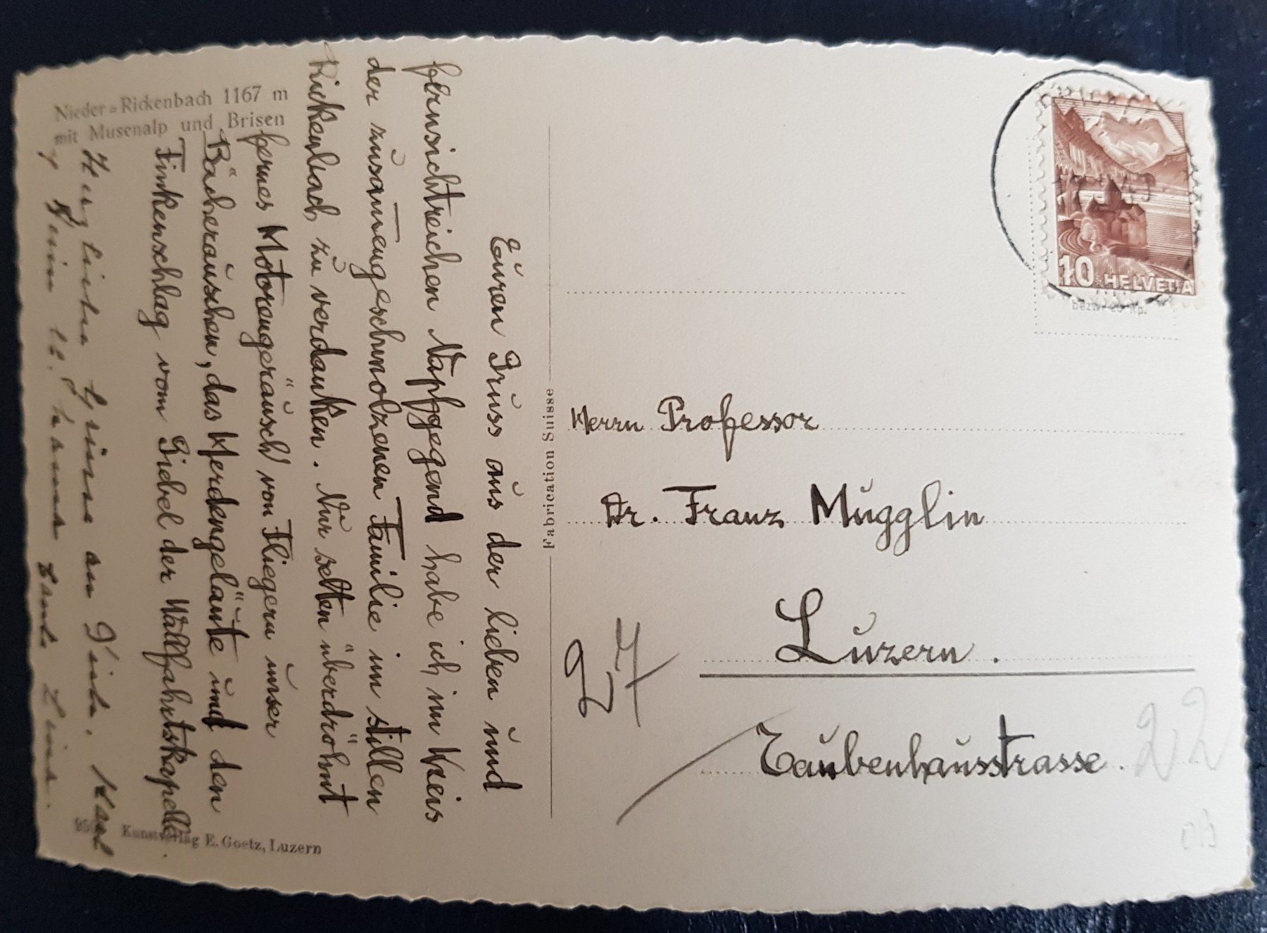 Cartoline postali: Nieder-Rickenbach 1949 – Usato da Melchnau venduto da Fishel 1