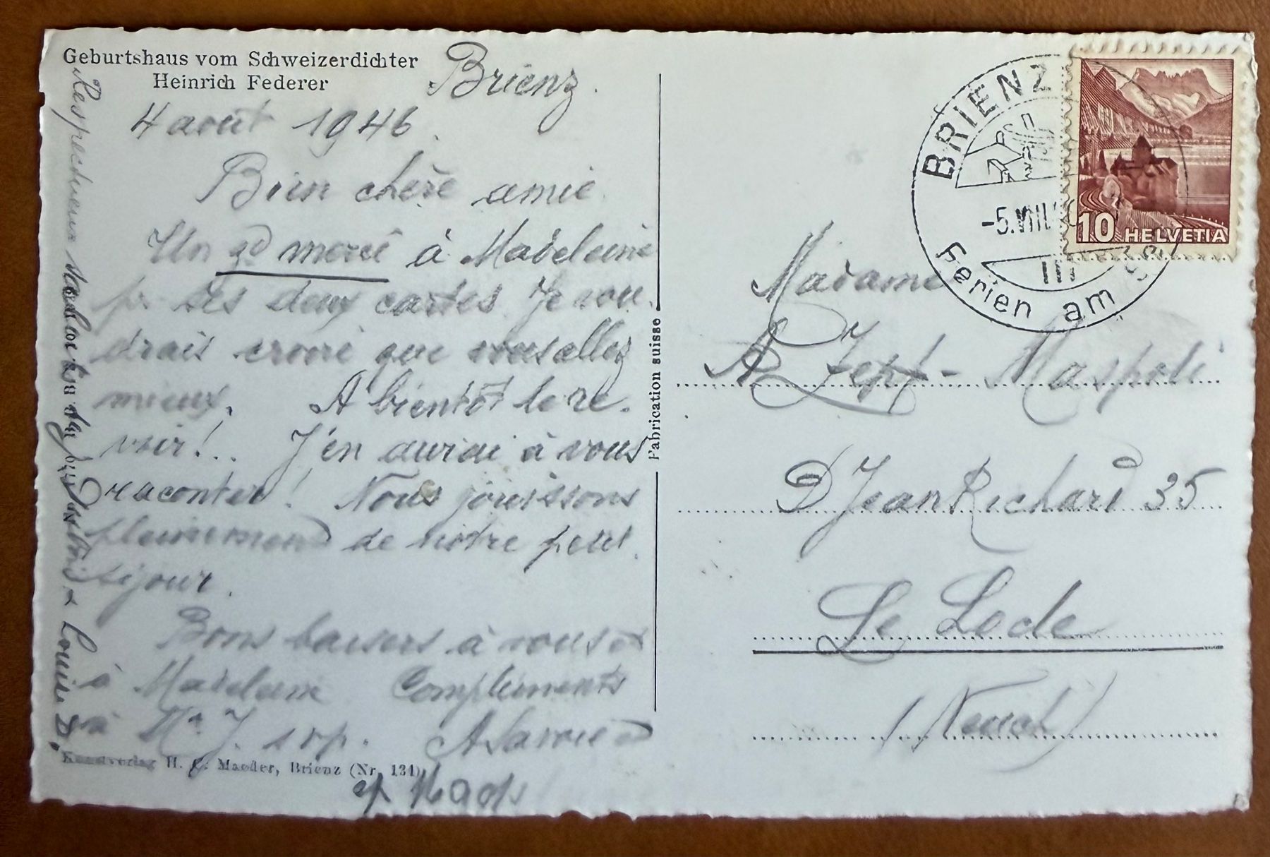 Ansichtskarten: Brienz - Haus Heinrich Federer 1946 – Gebraucht aus Lutry von Ediego 1
