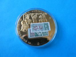 vergoldete Medaille 70 mm PP  - 50 Frankennote 1957