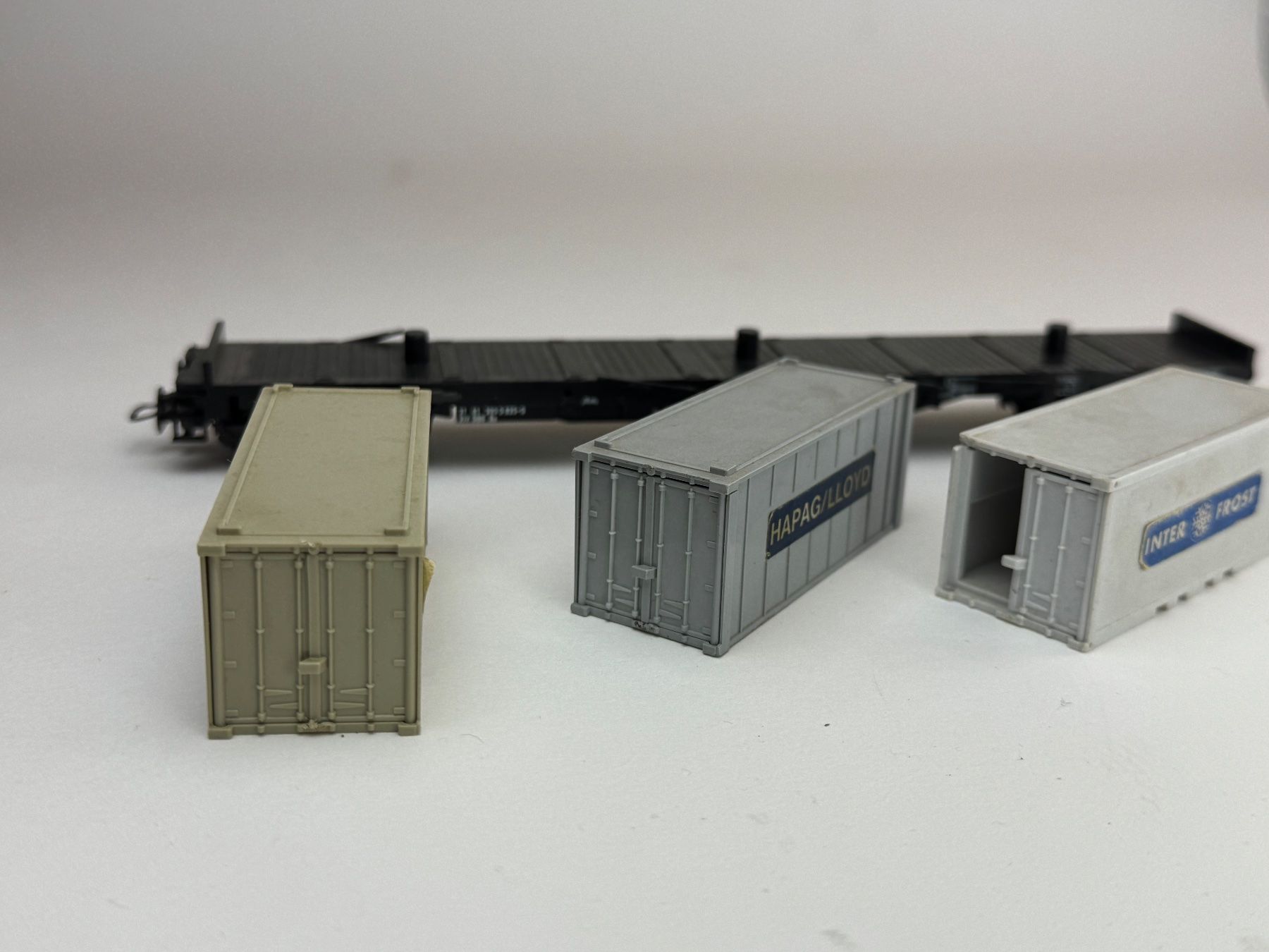Liliput Modellini di ferrovie: GB5-Liliput Container Tragwagen mit Wiking Container – Usato da Elm venduto da Wikmtz 3