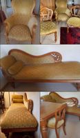 Antiker Sessel und Chaiselongue mit Stoffbezug.