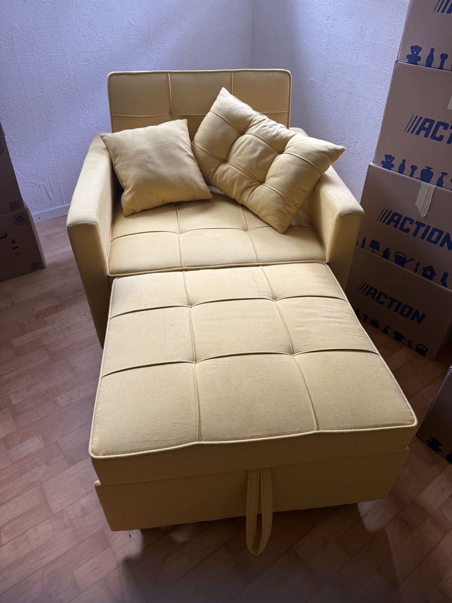 Gonser Poltrone: Sofa 1-er Sessel gelb Bettfunktion mit Hocker gebraucht – Usato da Müllheim Dorf venduto da Hoernlimann