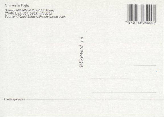 Cartoline postali: Boeing 767-36N, Royal Air Maroc – Usato da Zuerich venduto da OceanLinerPostcards 1