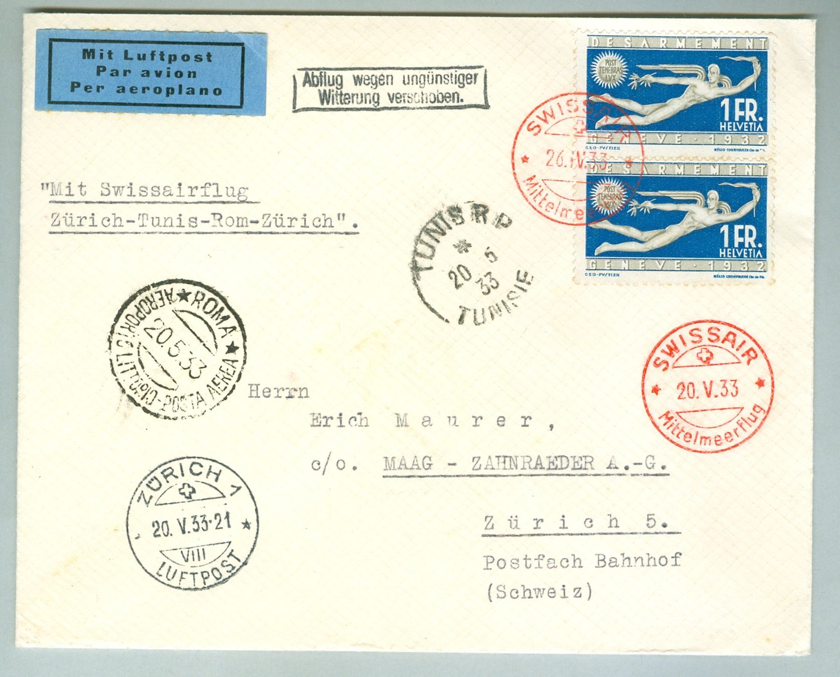 Tutti i francobolli: 1933 Schweiz Flugpost SF – Usato da Zürich venduto da yago-rot