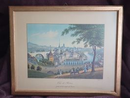 Antike Lithographie "Vue de Berne" im Goldrahmen, top!