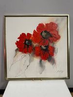 Blumen Ölgemälde auf Leinwand mit rote Blütenmotiv 64 x 64cm