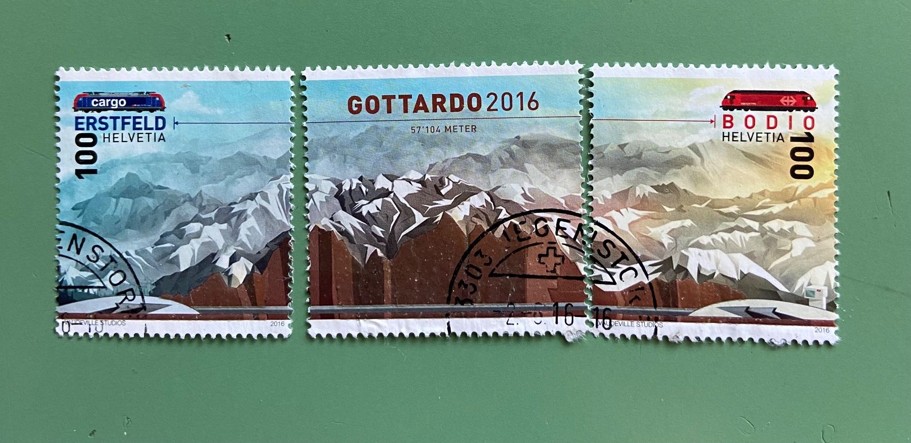 Alle Briefmarken: Schweizer Gottardo Basistunnel Briefmarken Satz, 3 teilig – Gebraucht aus Münchringen von Hegelime-38