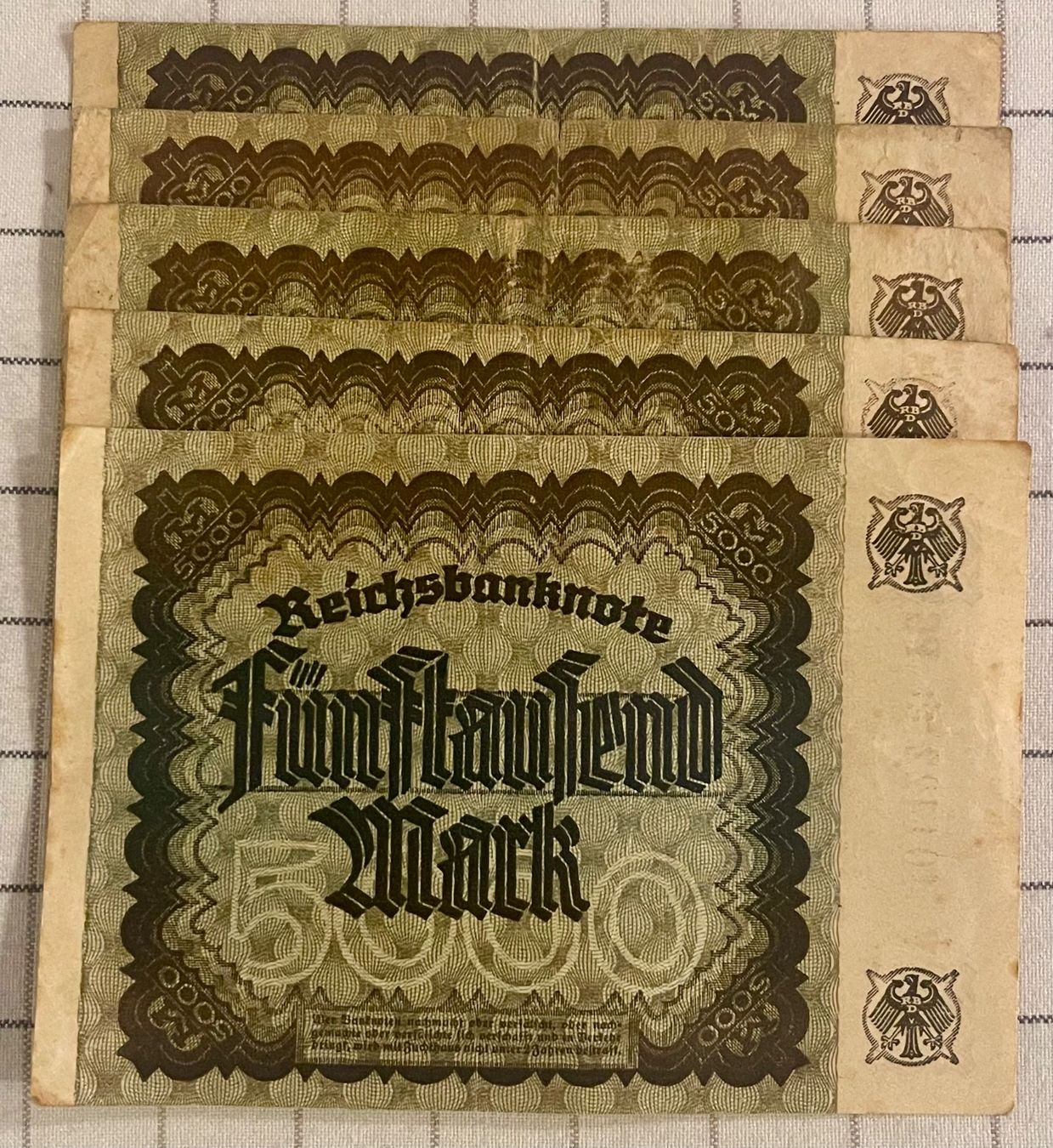 Banknoten: 5000 Reichsmark 1922 5 Stück – Gebraucht aus Dättwil AG von  1