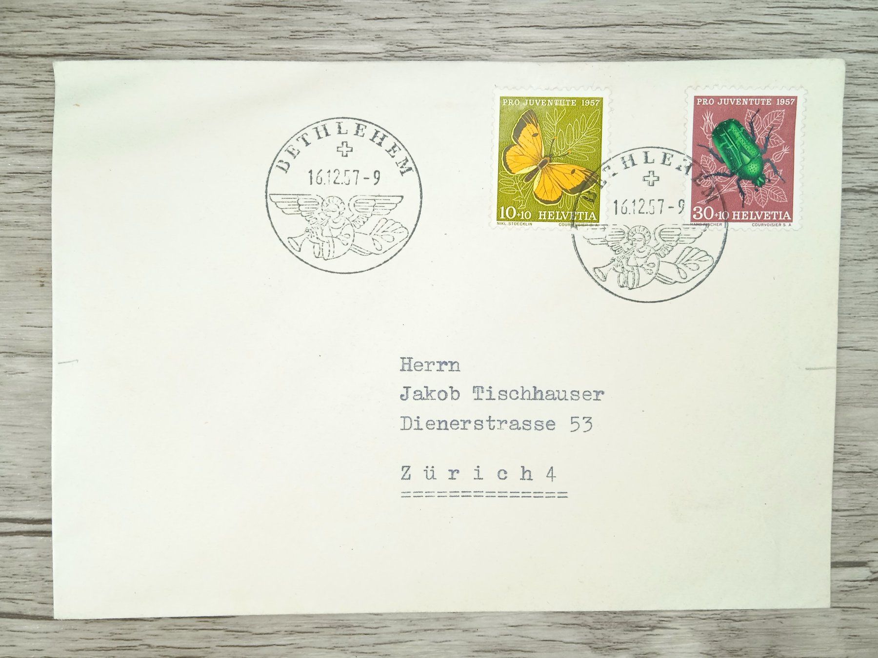 Tutti i francobolli: TR72 Enveloppe + Timbre Suisse 1957 – Usato da Cousset venduto da Patrick_Collections