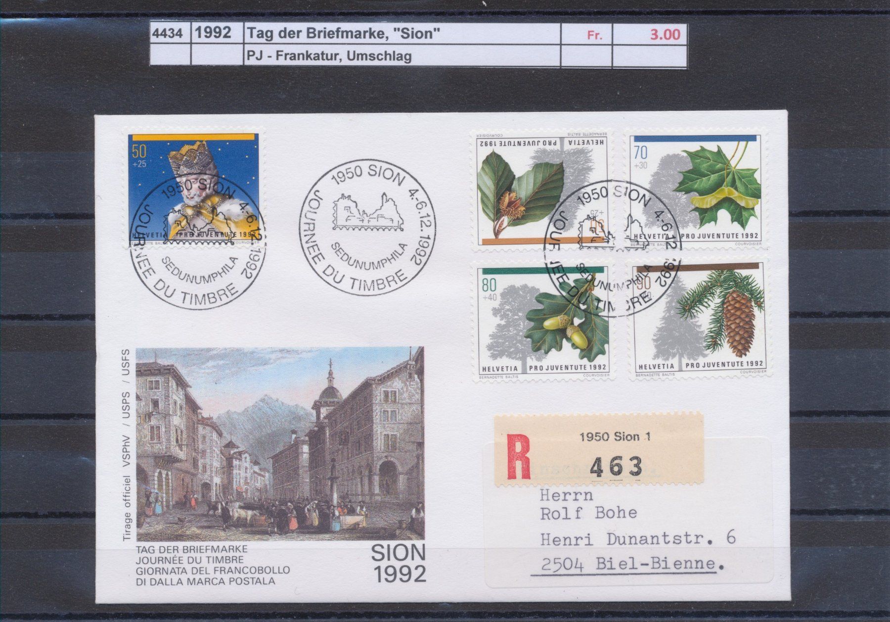 Tutti i francobolli: 1992 Tag der Briefmarke, "Sion", Umschlag – Usato da Winterthur venduto da Zupogeru