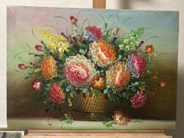 Ölgemälde Stillleben – prächtiger Blumenstrauss im Korb