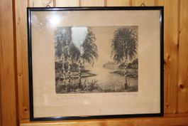 Original-Radierung "An der Broye bei la Sange" von J M Erni
