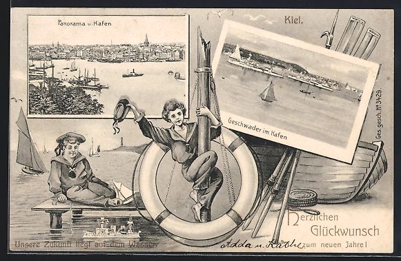 Cartoline postali: Kiel, Panorama und Hafen, Geschwader im  – Usato da Berlin venduto da bartko-reher